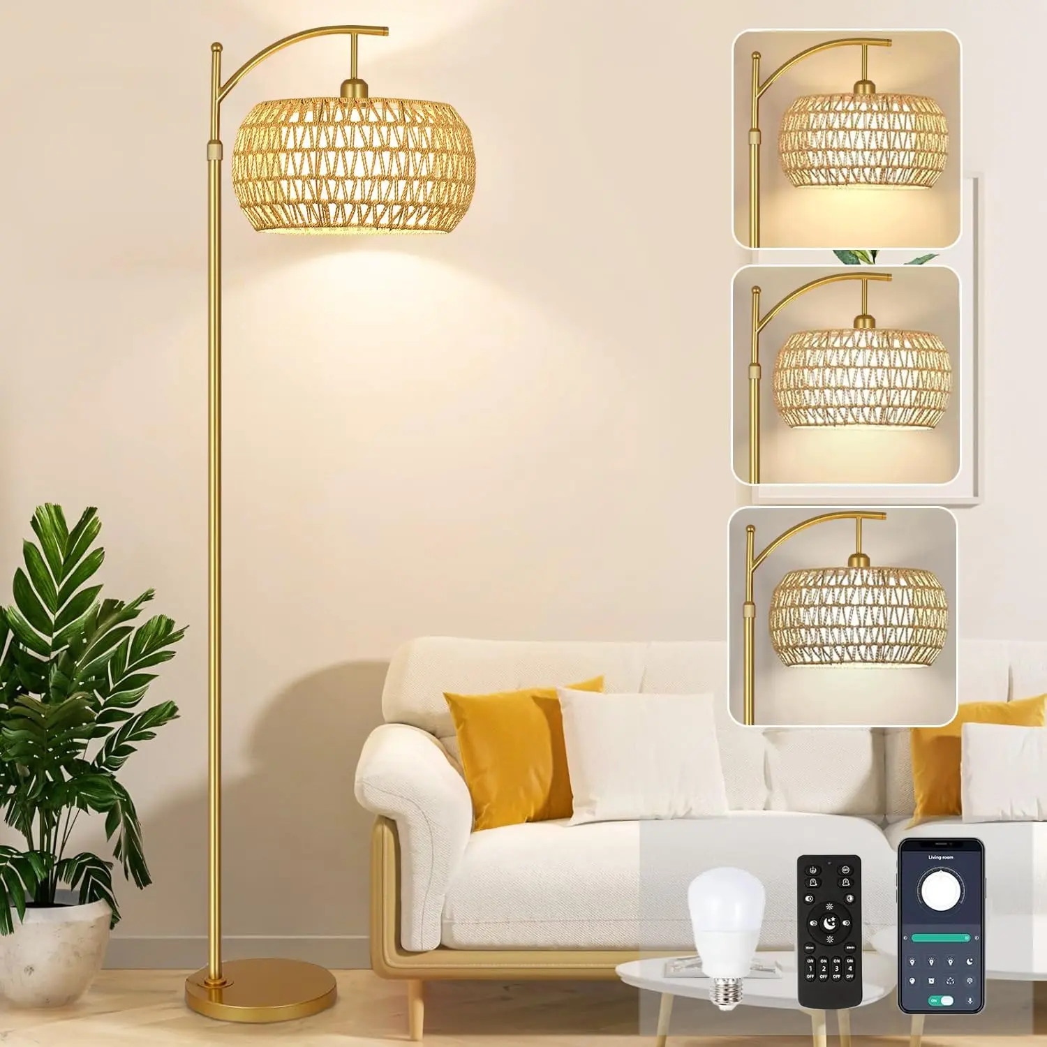 Arc Boho Rattan Wicker Shade Floor Lamp - Remote Control, 3 Color Temperatures, Dimmable Light, Indoor Use Tall Lamp for Living Room, Bedroom Corner