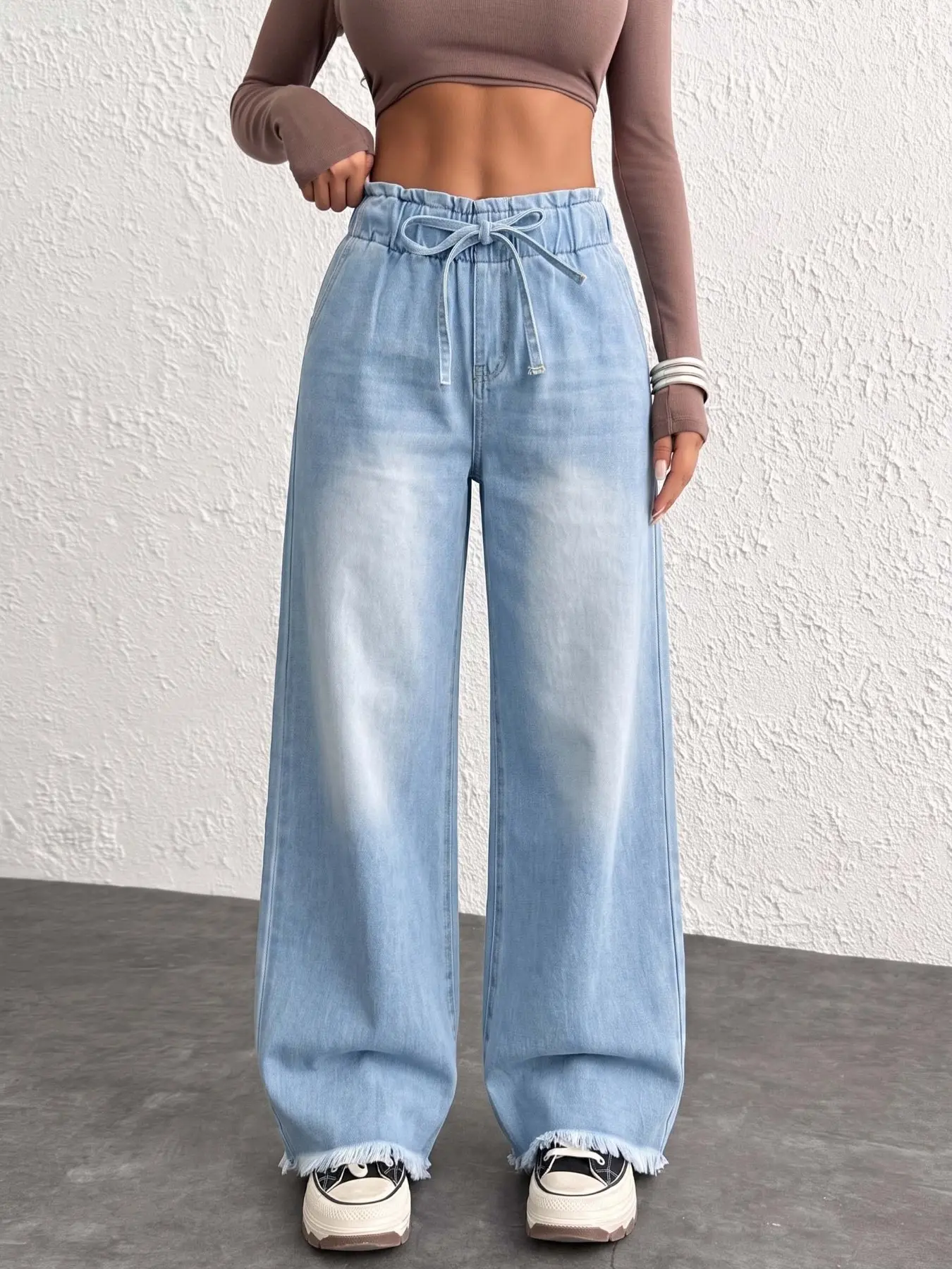 Vintage Light Wash Adjustable Drawstring Elastic Waist Wide Leg Loose Hem Women's Casual Jeans, Comfortable and Stylish Long Pants for All Seasons