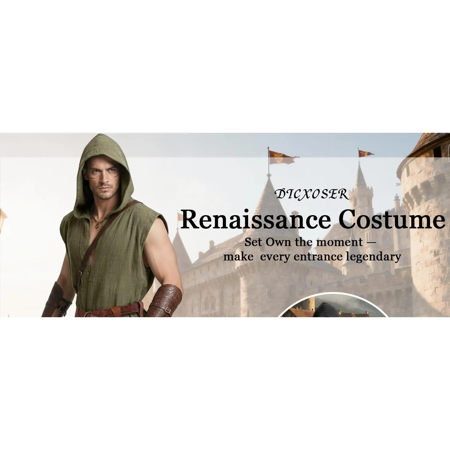 Renaissance Medieval Costume Set for Men - 4PC Viking Hooded Sleeveless Surcoat Halloween Cosplay Apparel