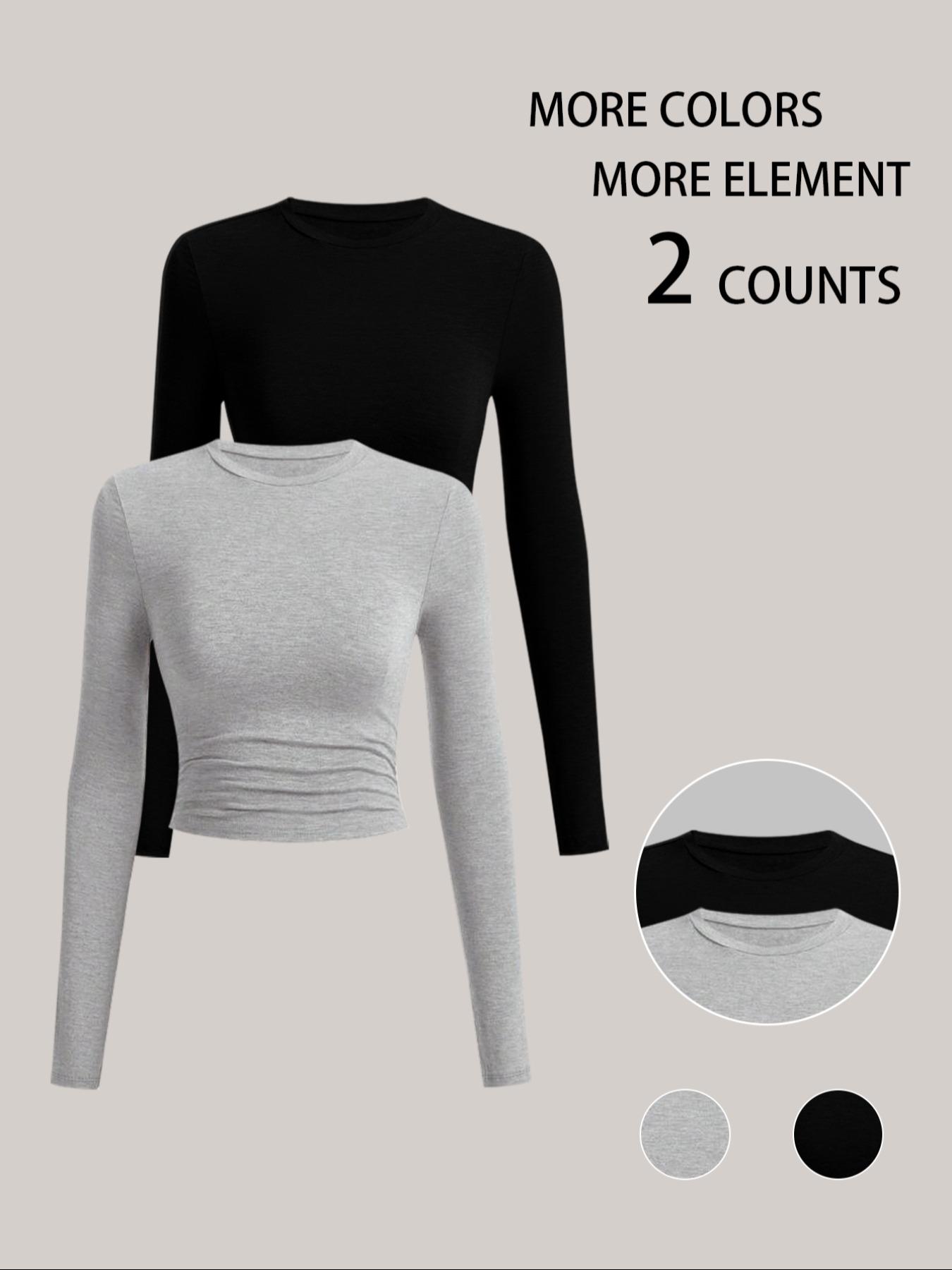 Women's Autumn Winter Casual Slim-Fit Long Sleeve T-Shirt Set, Side Ruched Design, Three-Piece Fashion Top for Daily Wear