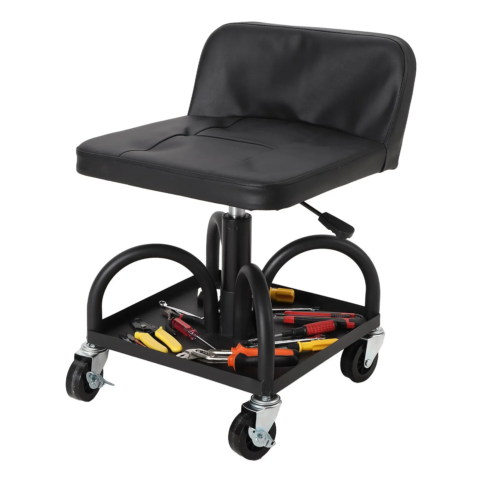 Rolling Mechanic Stool with Tool Tray, Adjustable Height 16-25 Inch. 300 lbs Capacity, Heavy Duty Steel Frame. Magnetic Storage for Garage, Auto Repair, Workshop. Swivel Wheels with Brakes. Ergonomic Seat for DIY & Pros