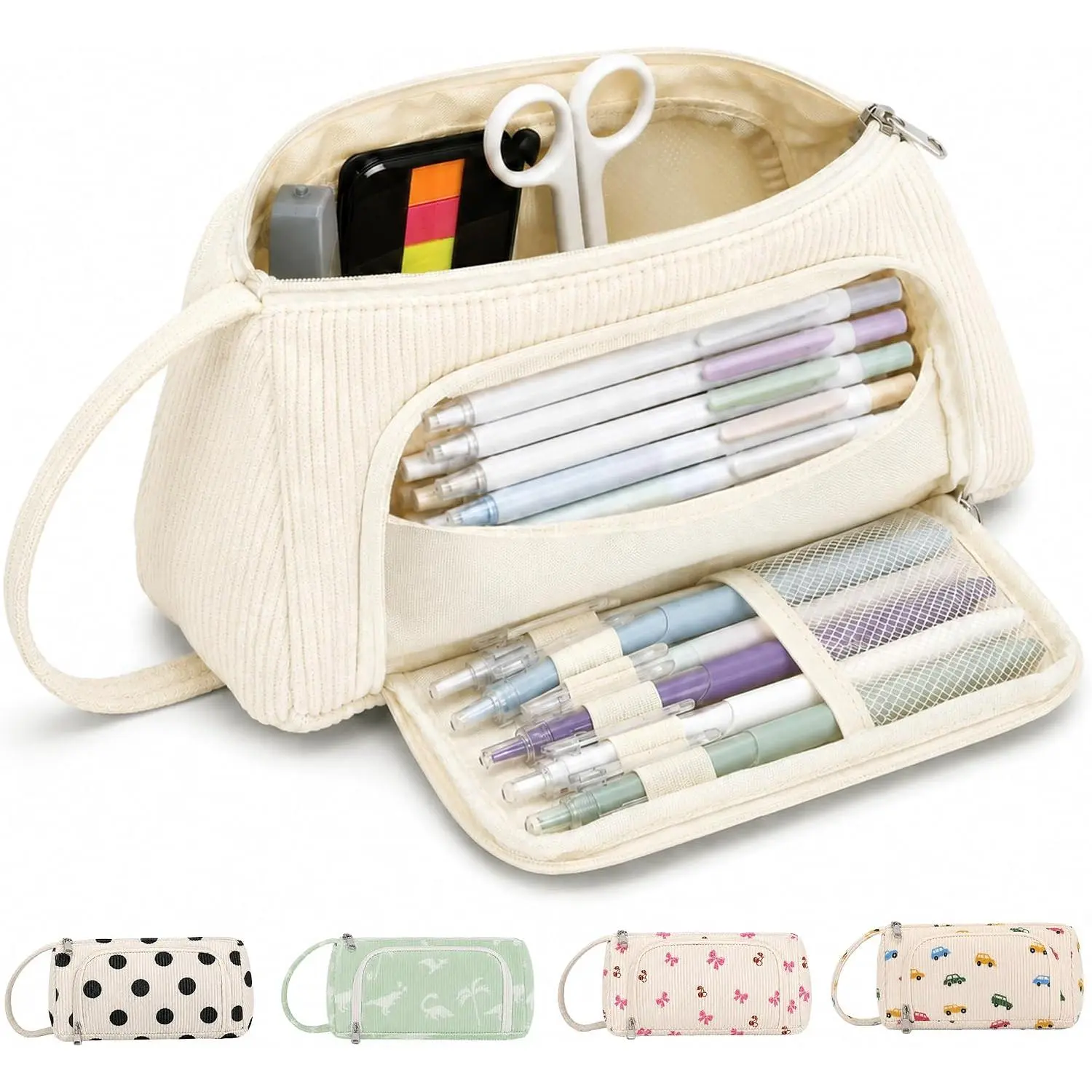 Big Capacity Pencil case,Soft Corduroy Pencil Bag with 3 Compartment Pouch Bag for School Supplies Office for Teen Girls Boys Women Man (White )