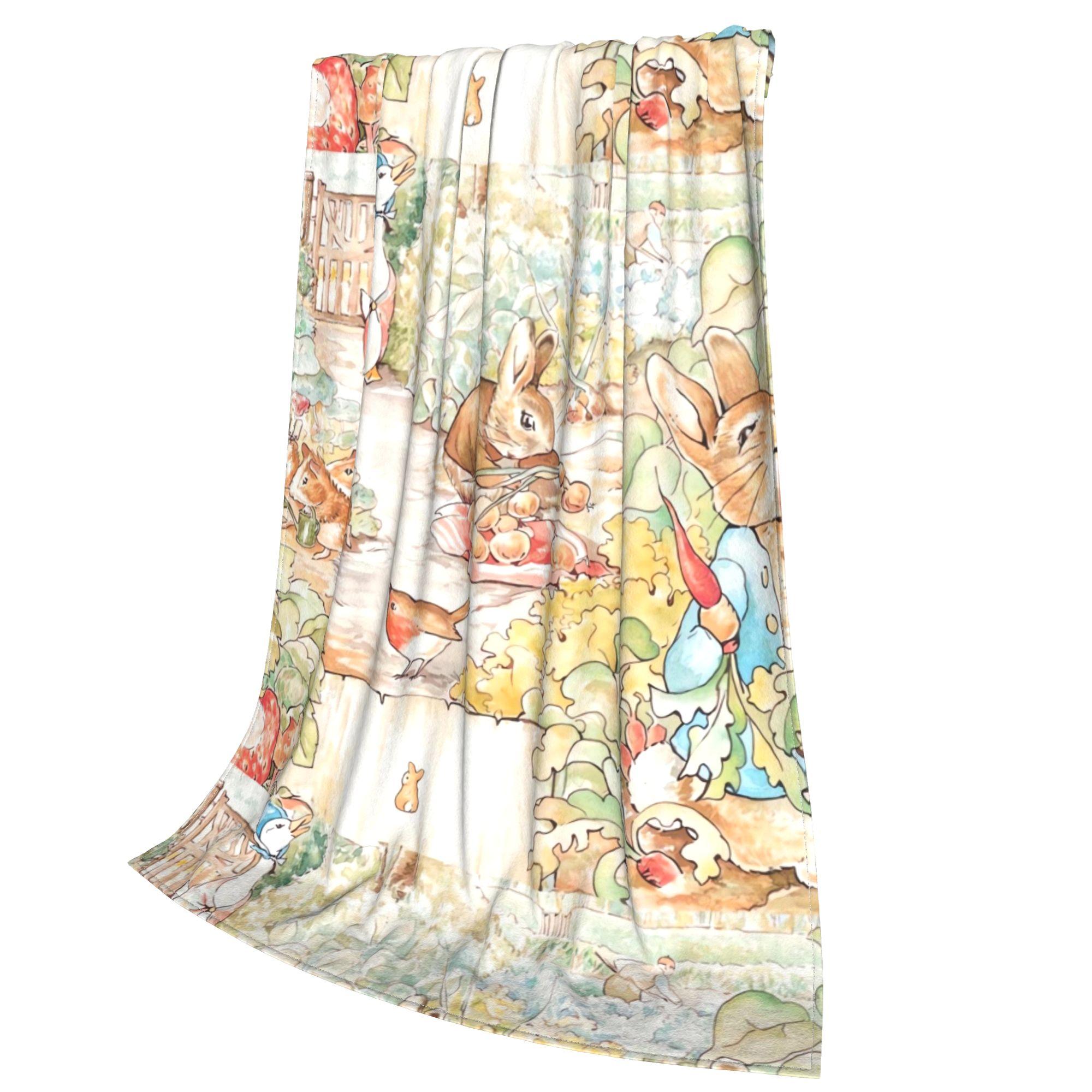 A vintage blanket from the world of Beatrice Potter - Large, soft flannel, featuring Peter Rabbit, Jemima Paddle Duck, and Mrs. Tigger Winkler - A comfortable all-season bedspread suitable for the sofa, living room, and bedroom - Adorned with illustration