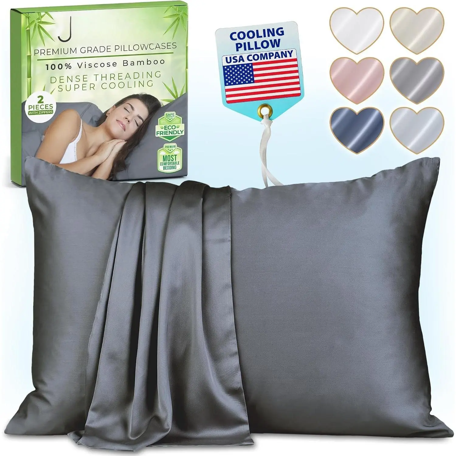 Zippered Pillowcases - Standard Size 26x20,  Viscose Derived from , 2 PK, Dark Gray - Cooling Pillow Cases - Silky Pillow Covers for Hot Sleepers, Menopause, Night Sweats - by