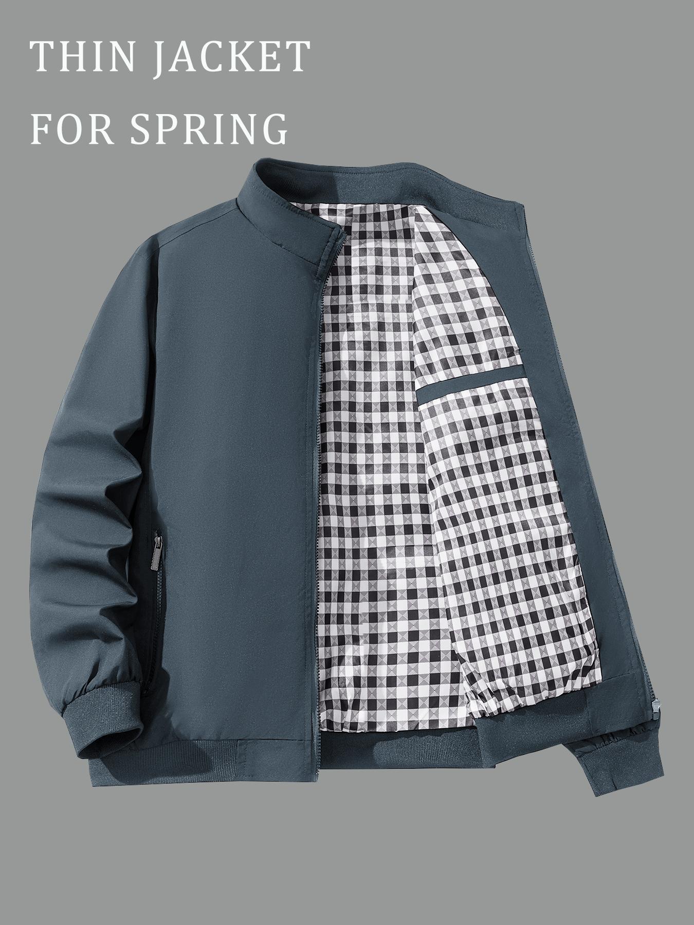 Men's Solid Color Plain Zip Up Thermal Lined Jacket Coats, Regular Fit Fitted Casual Long Sleeve Short Outerwear for Fall & Winter, Men's Clothes for Daily Wear