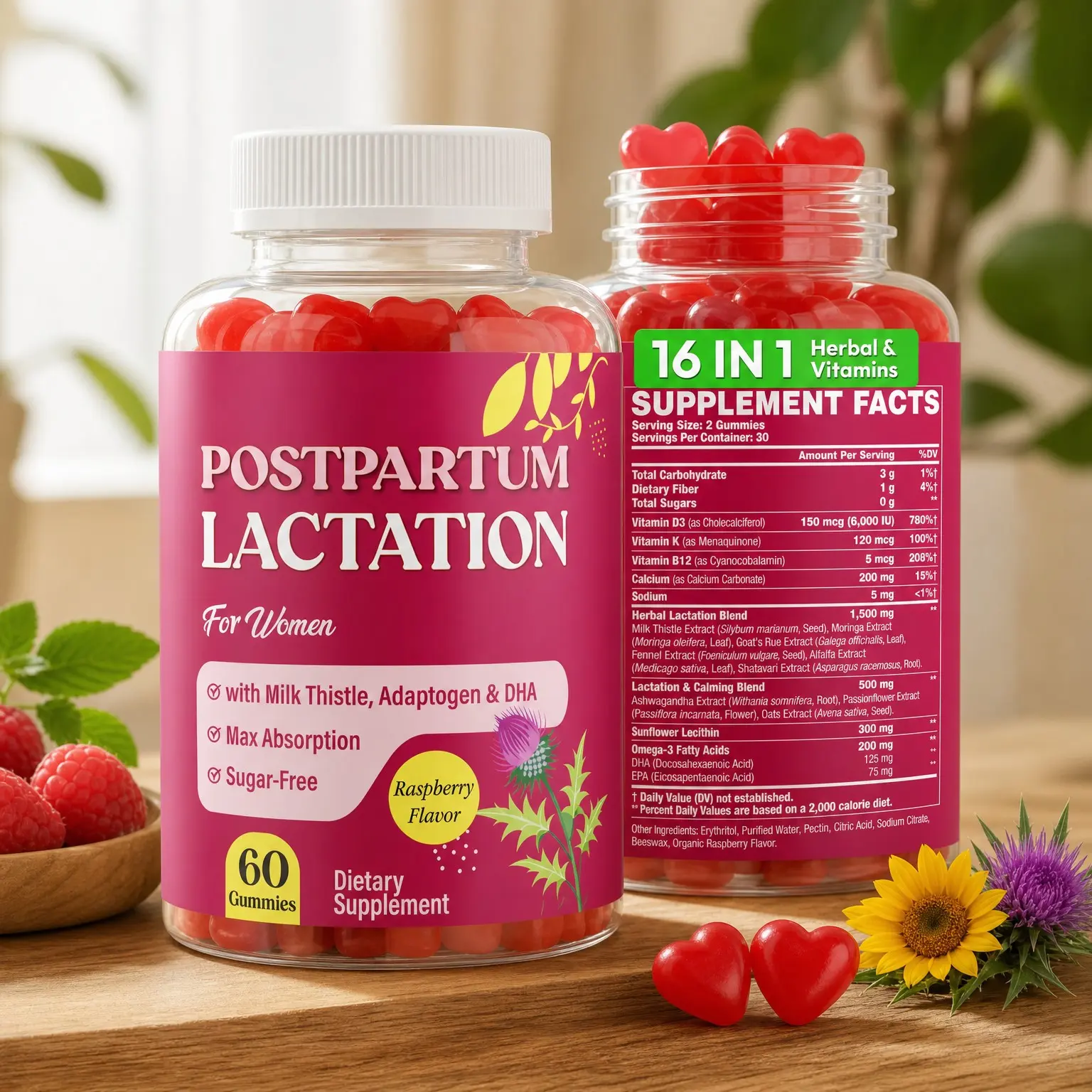 Lactation Support Gummies for Breastfeeding, Postpartum Supplement with Milk Thistle and Postnatal Vitamins, Breast Milk Supply Booster, Recovery and Hair Growth, 60 Count, Sugar Free & Vegan(Gift)