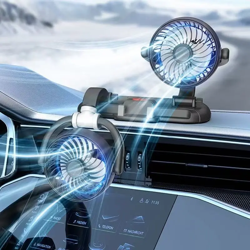 Turbo Mini Fan, Dual Heads 360° Rotation, Adjustable Wind Speed, Low Noise, Car Ventilation, Phone Stand Function, Multifunction Fan