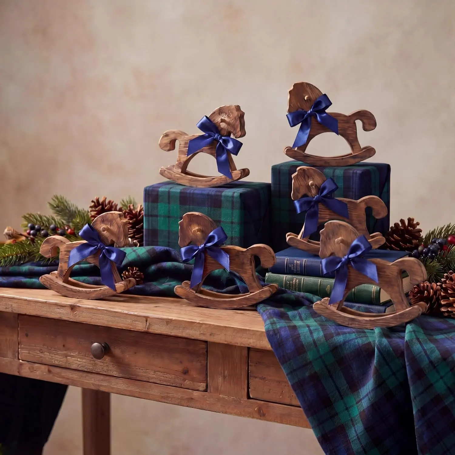 Mifoci 6-Pack Solid Wood Classic Animal Theme Rocking Horse Table Decor, Vintage Elegant Desk Centerpiece That Rocks Gently for Luxury Baby Shower, Birthday Party Decorations (Navy Blue), Six Pieces