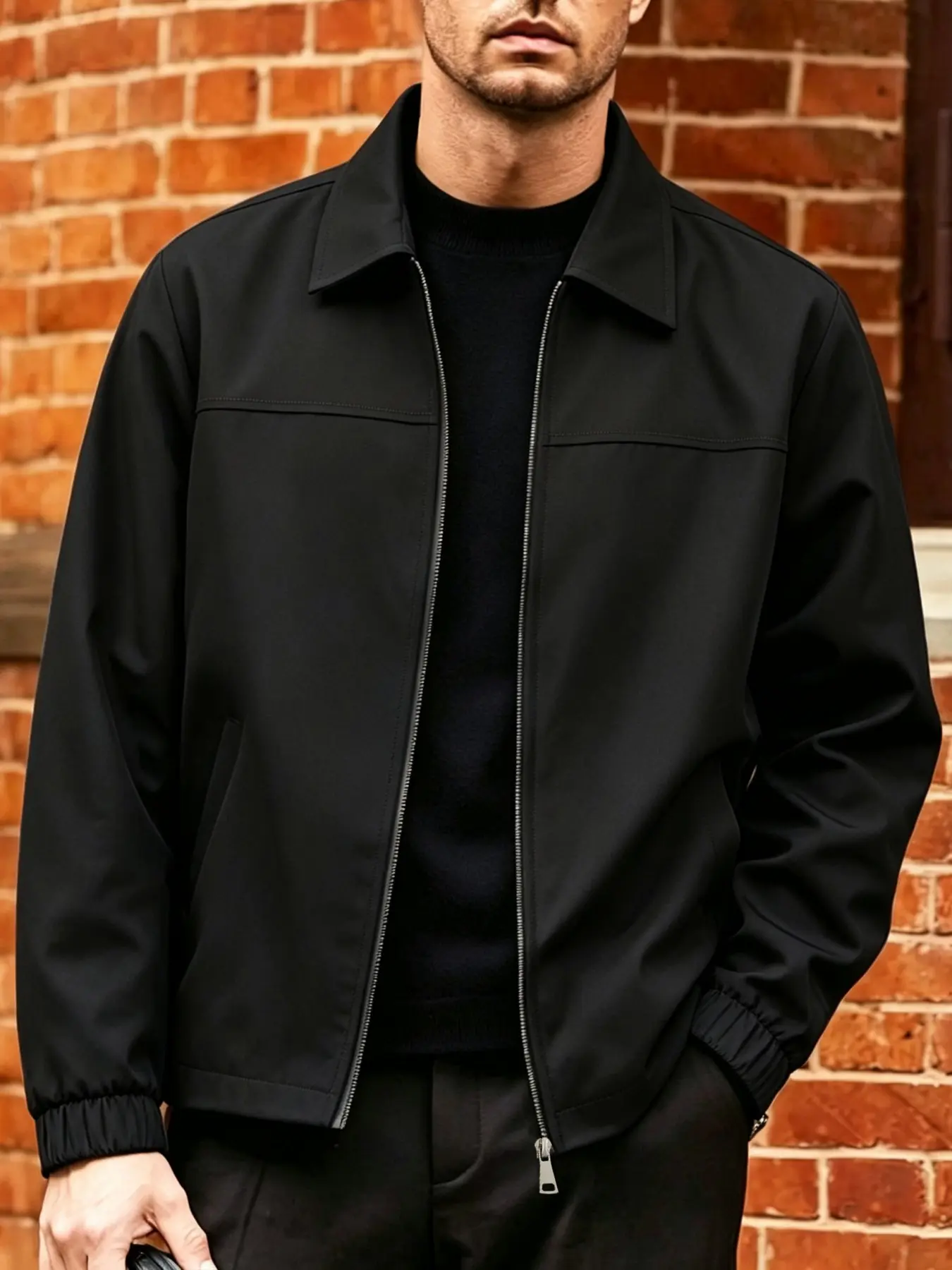 Men's Solid Color Casual Jacket, Zipper Closure, Elastic Sleeve Design, Lightweight Business Collar Coat, 100% Polyester, Spring Fall, Jacket Coats