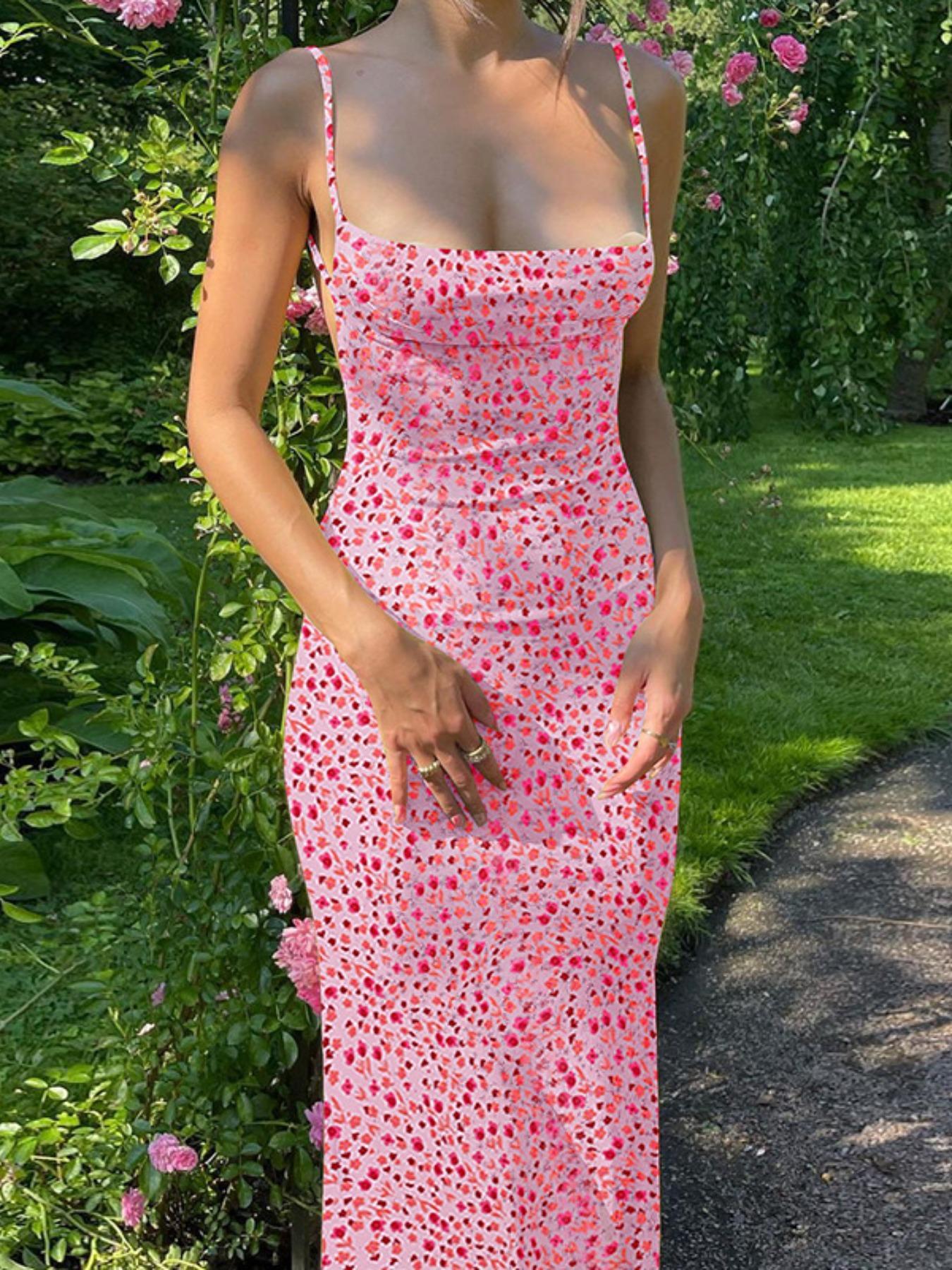 Women's Ditsy Floral Print Backless Sleeveless Cami Spaghetti Strap Dress, Floral Design Dress, Boho Style Maxi Dress for Summer Holiday Vacation Party, Ladies Dress for Beach, Summer Outfits, Casual Wear, Casual Boho Chic Women's Ditsy Floral Print Backless Sleeveless Cami Spaghetti Strap Dress, Floral Design Dress, Boho Style Maxi Dress for Summer Holiday Vacation Party, Ladies Dress for Beach, Summer Outfits, Casual Wear, Casual Boho Chic