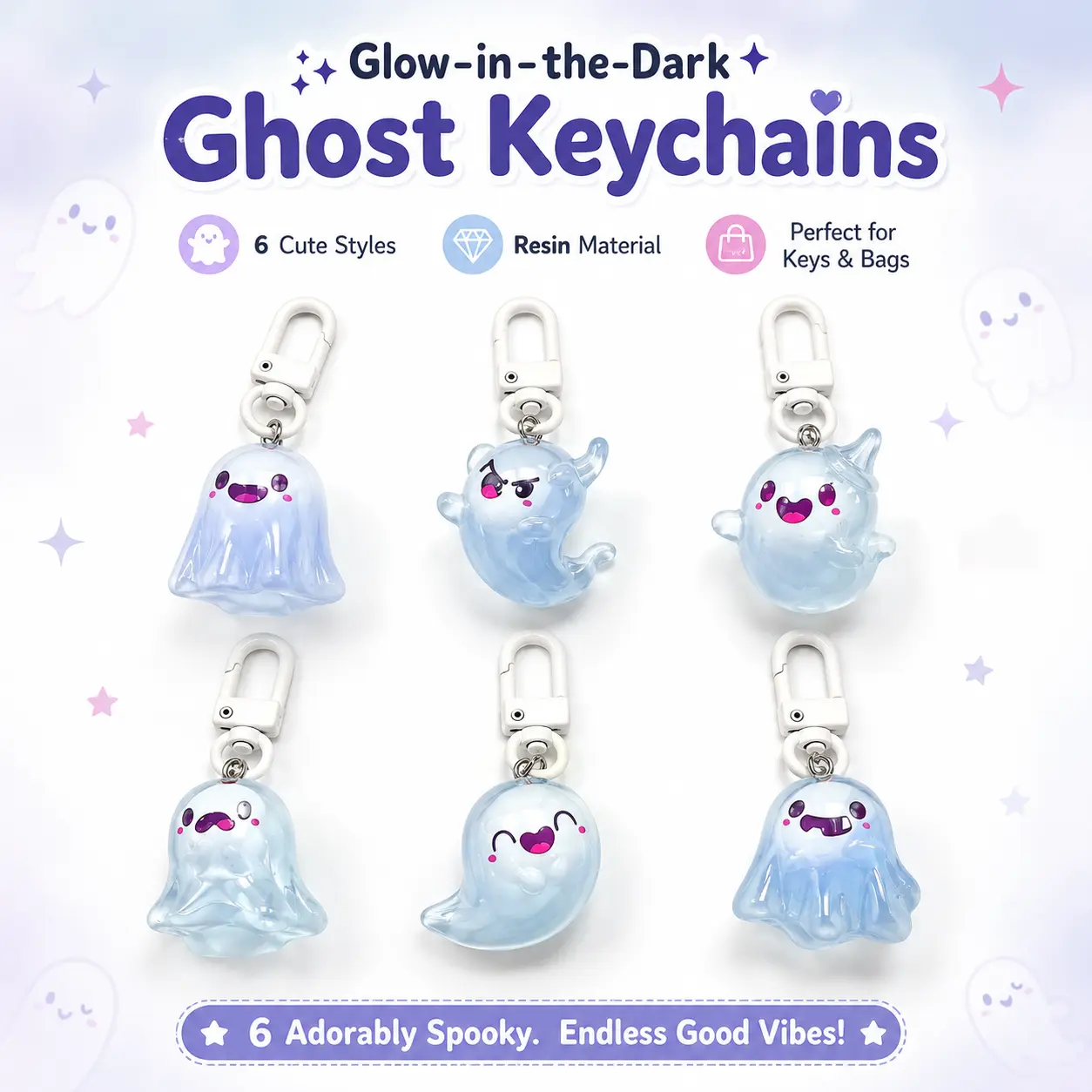 6pcs/12pcs Sets Halloween Party Ghost Keychains-Cute Creepy Luminous Positive Resin Figurines with Card & Bag for Kids Firends Coworkers Boo Basket Stuffer Family Spooky Trick-or-treat Decor Student Rewards