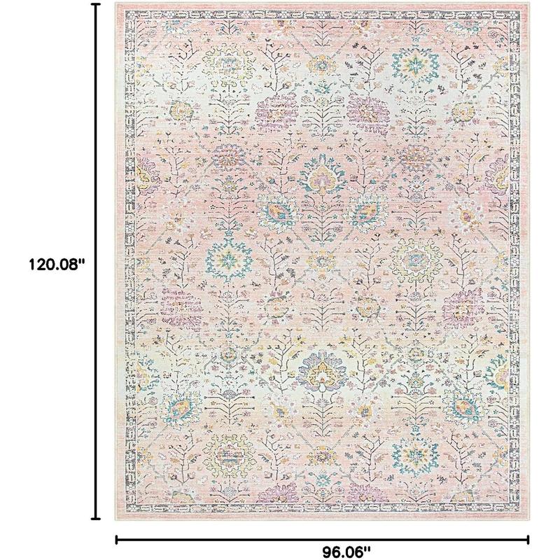 Lahome Pink Boho Area Faux Cashmere Rug, 8x10 Washable Faux Cashmere Rugs for Bedroom Living Room, Soft Blush Floral Non Slip Pastel Thin Floor Carpet for Classroom Playroom Home Decor