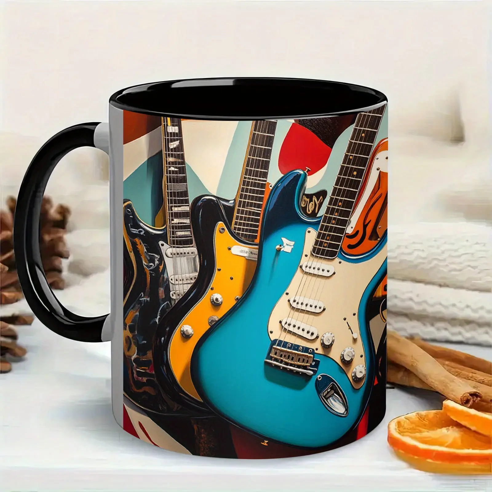 11-Oz Ceramic Rockband Mug with Guitar Design - Home/Festive Party Drinkware, Unique Gift for Music Lovers, Suitable for Office Use & Birthdays, Black