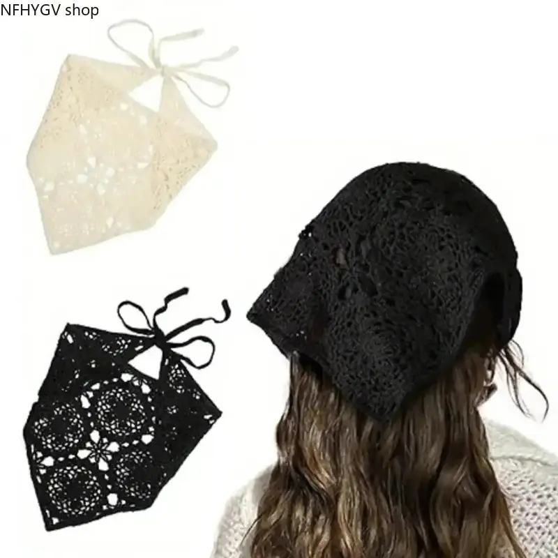 Women Square Hair Accessory Headscarf Set, Lightweight Floral Crochet Knit Head Wrap With Vintage Daisy Pattern, Breathable All-Day Casual Head Cover Suitable For Female Daily Styling, Sports Training And Various Outdoor Activity Outfit Matching