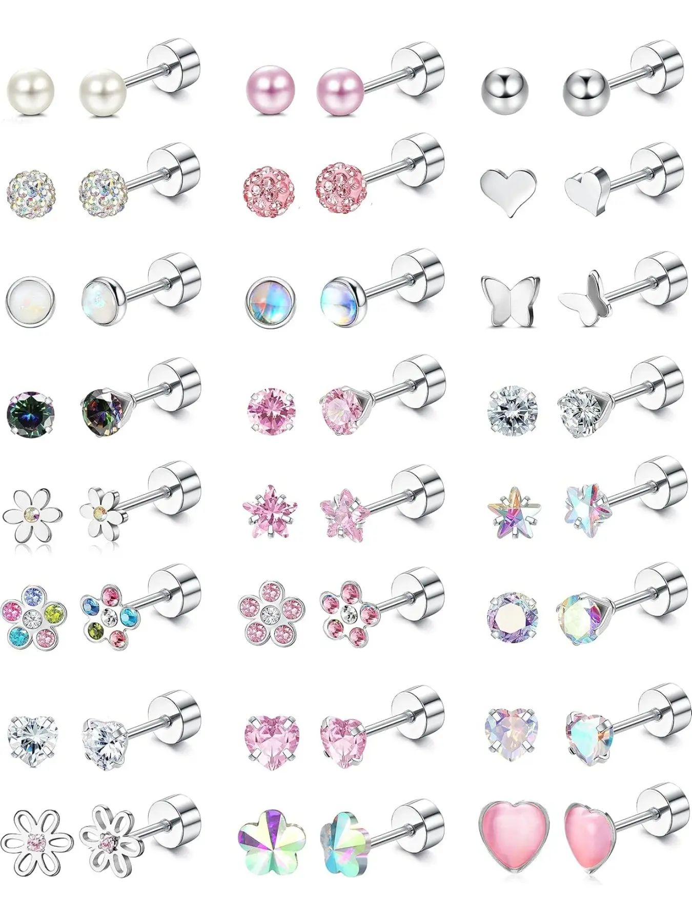 24Pairs Hypoallergenic Earrings for Girls Women -   Screw Back Earring Cute Kids Baby Toddler Earrings 4mm Tiny Screwback Flat Back Stud Earring Set Age: Over 3 Years Old