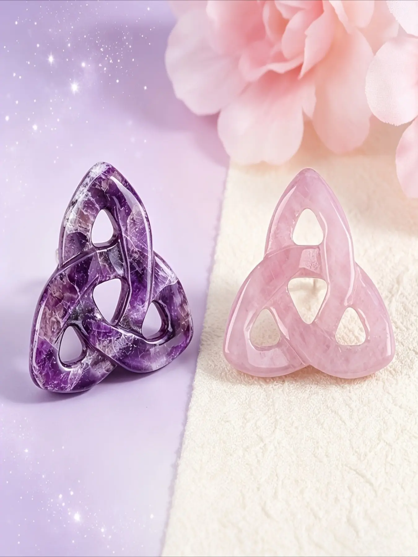 2 Pieces Hand-Carved Rose Quartz and Amethyst Celtic Triple Knot Amulet Natural Crystal Ornaments, Unique Crystal Design, Irish Knot Spiritual Trinkets, Pocket Charms Symbolizing Love & Protection, Suitable for Shrines & DIY Necklace Making