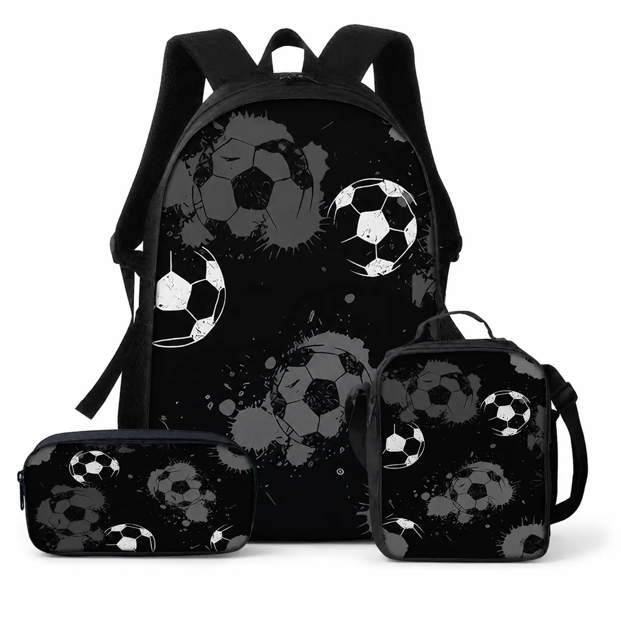 3PCS Kids Backpack Set, Black Soccer Ball Print School Backpack with Lunch Bag and Pencil Case, Sports Graphic Large Capacity Oxford Cloth Bookbag, Lightweight Travel Bag with Adjustable Shoulder Straps, Back to School Gift for Boys Girls
