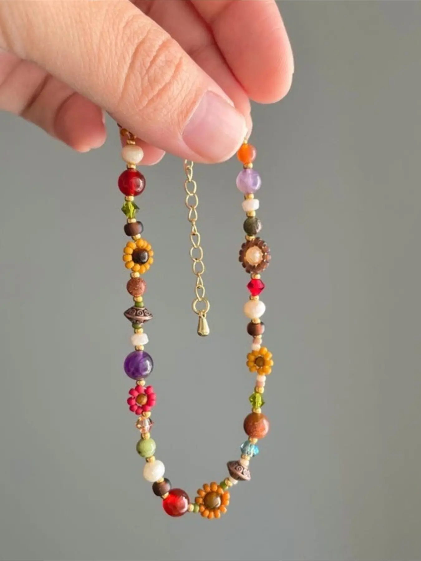 Multi-color Natural Stone Beaded Anklet Flower Minimalist Jewelry