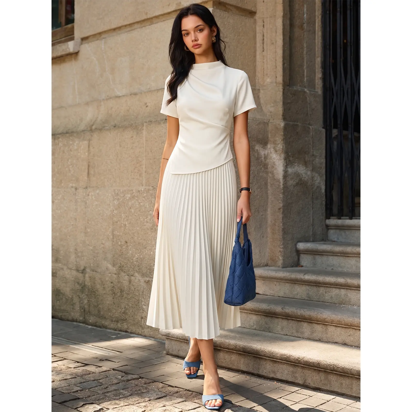 2 In 1 Short Sleeve Pleated Maxi Dress