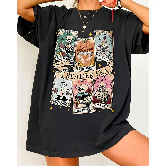 In My Reader Era Six Tarot Skeleton Book Reader Black Cotton Oversized T-Shirt, Bookworm Dark Academia Tarot Lover Casual Outfit, Best Gift For Reading Fan Fiction Lover Streetwear Tee