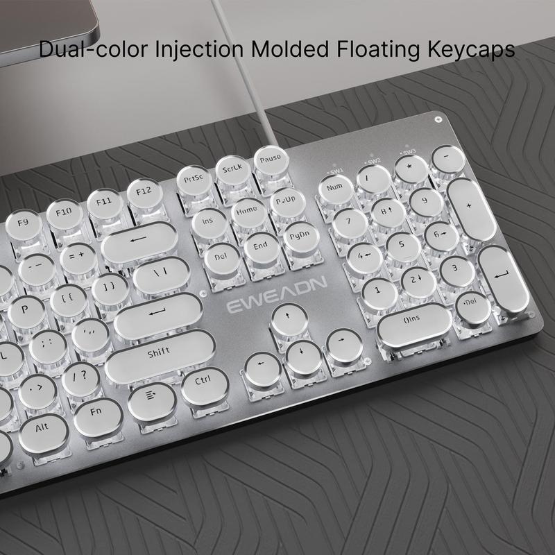 EWEADN TK100 Punk Typewriter Mechanical Gaming Keyboard, Mechanical Keyboards, All-metal Panel 104Keys Wired Retro Punk Keyboard, with White Backlit USB Wired Keyboard