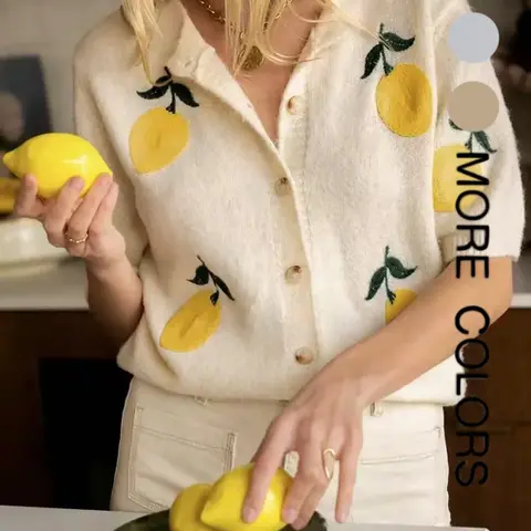 Women's Lemon Embroidery Cardigan, Casual Short Sleeve Knitwear for Daily Wear, Ladies Knit Top for All Seasons, Casual Fashion Knitwear