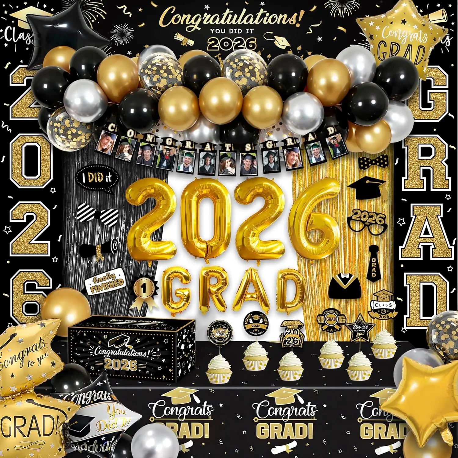 125-Piece Black and Gold Graduation Decorations Pack, 2026 Class Congrats Grad Supplies Set with Photo Banners, Tablecloth, Balloons, Cake Toppers, Decorations Supplies, Party, Box, Balloon Arches, 12” Latex Balloons