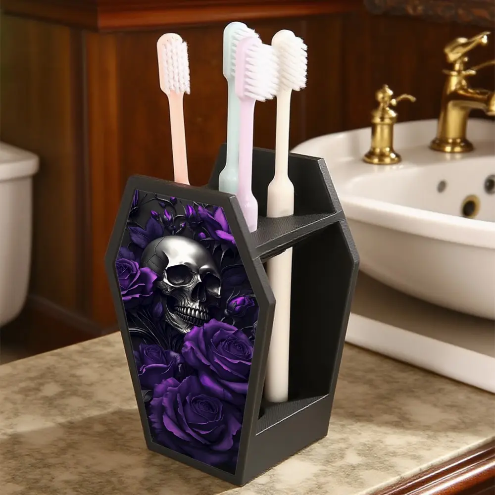 1pc 3D Printed Gothic Coffin Toothbrush Holder, Dark Skull Couple Bathroom Organizer, Halloween Home Decor, Unique Gift Idea, Toothbrush Storage Holder