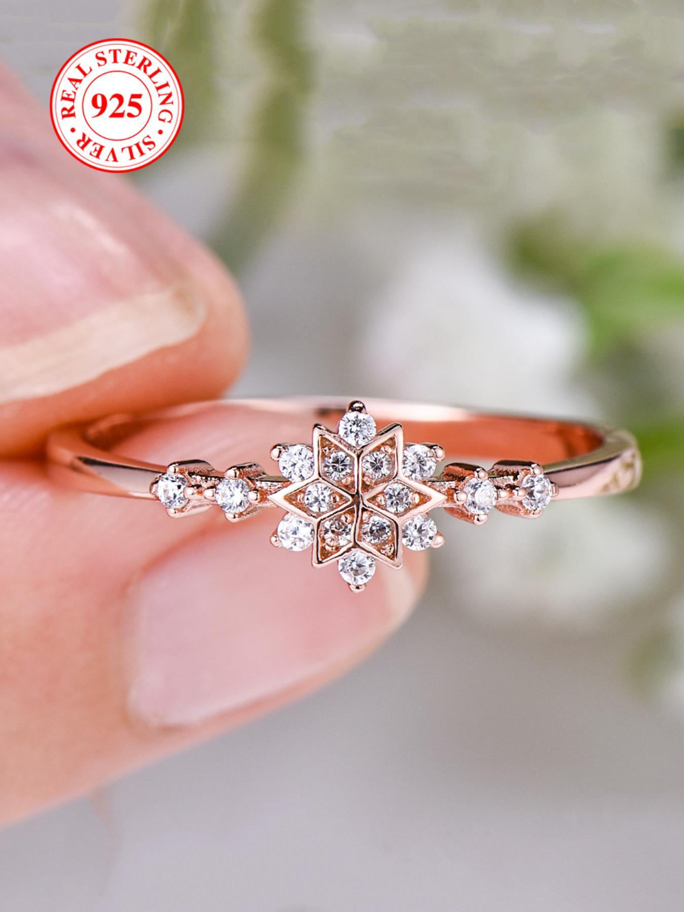 S925 Sterling Silver Snowflake Design Ring, Rhinestone Decor Wedding Engagement Ring, Fashion Accessories for Women & Girls, Trendy All-match & Exquisite Jewelry for Birthday Gift, with Box