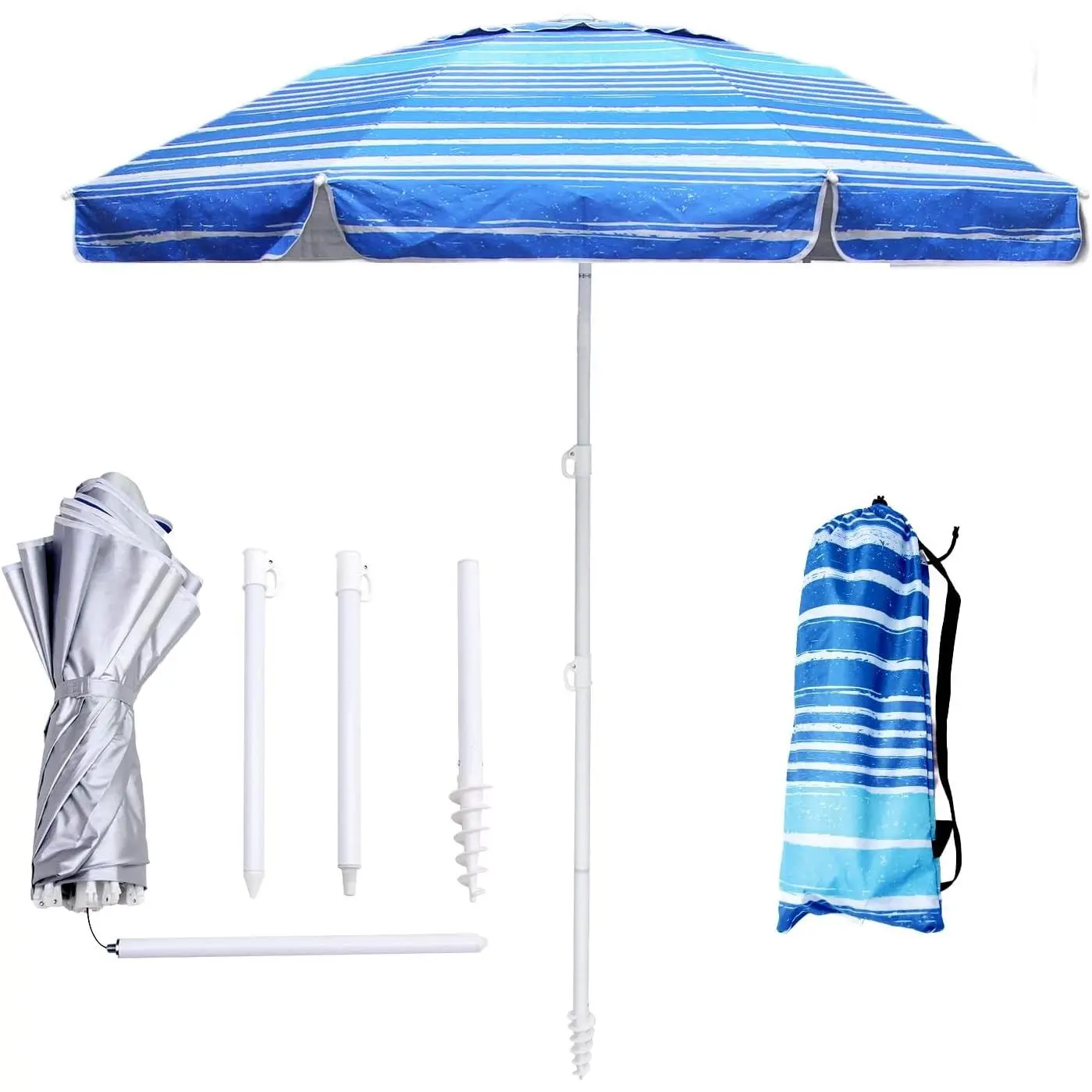 6ft Beach Umbrella - Heavy Duty Wind Resistant UV 50+ Portable Sun Shade with Sand Anchor & Carry Bag, Outdoor Folding Umbrella for Beach, Pool, Patio, Garden (Blue Stripe) No Tilt The sand needs to exceed the spiral 6inchGift.