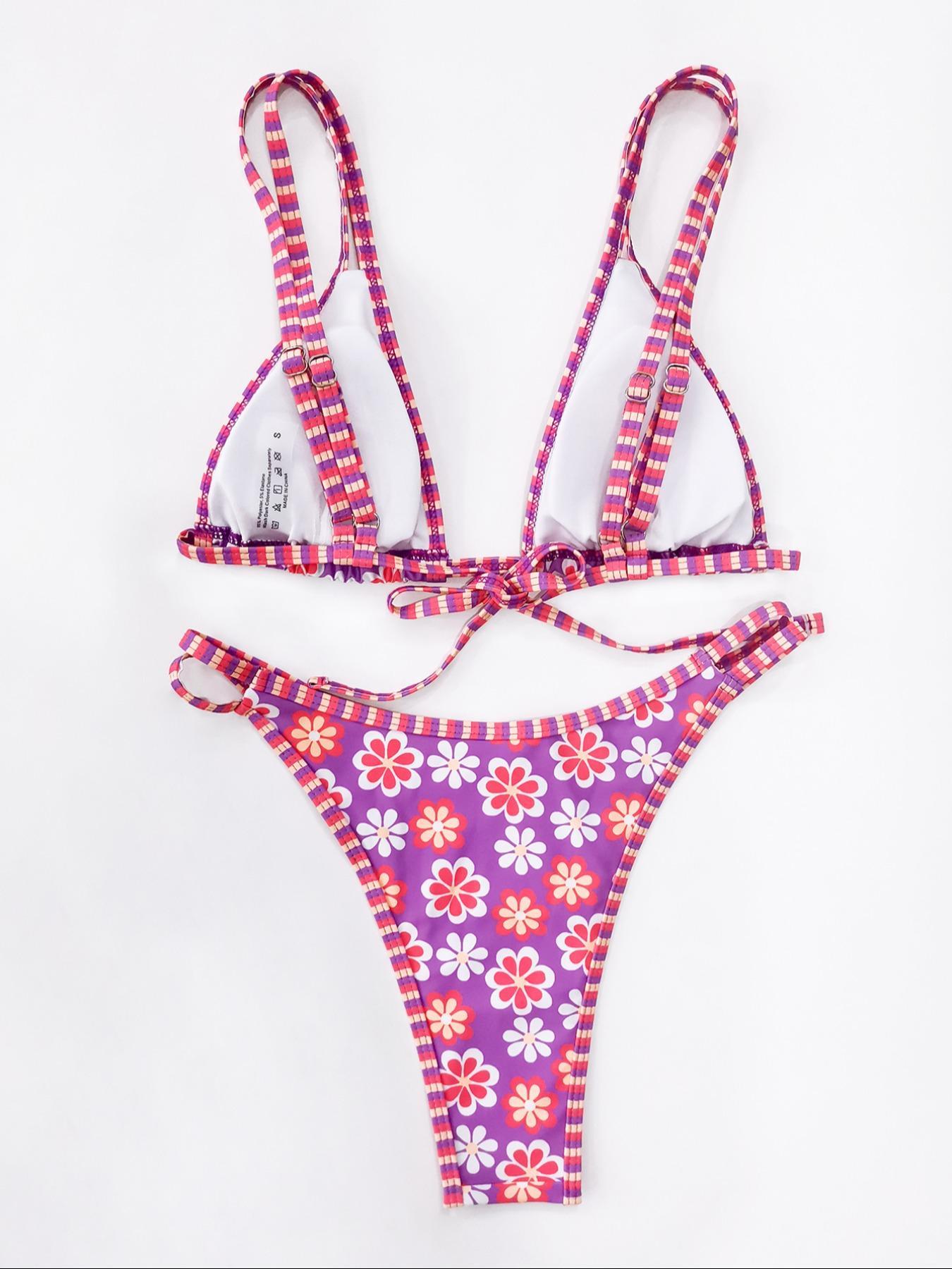 Two-Piece Set Women's Floral Print Bikini Set, Casual Tie Back Swim Top & Swim Bottom Two-piece Swimsuit for Beach Holiday Vacation, Ladies Swimwear for All Seasons