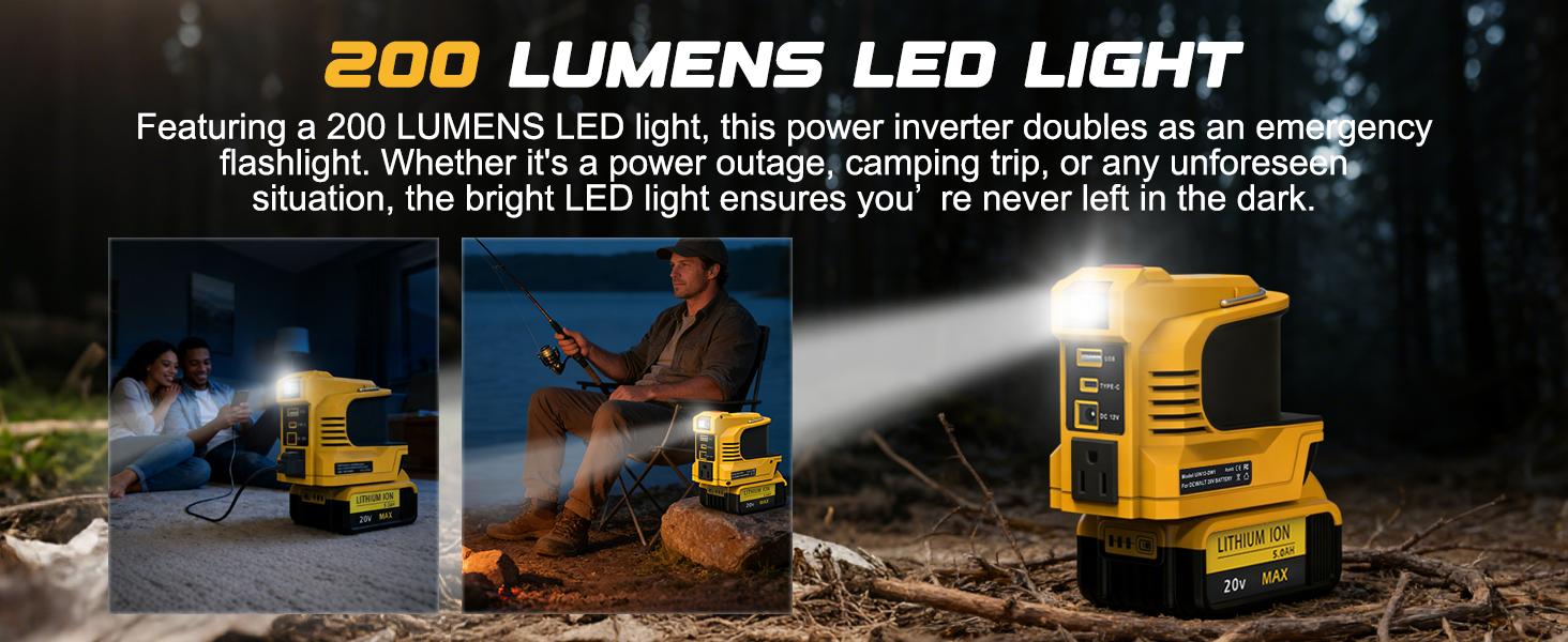 200W Portable Power Inverter  20V Battery,DC 20V to AC 120V Portable Power Station with 1 USB Ports & 1 Type-C Fast Charging, 200LM LED,Camping & Emergency Use