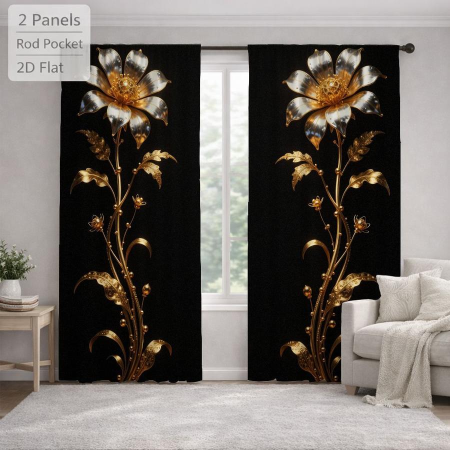 2Pcs Luxury Golden Flower Pattern Vintage Floral Sun Blocking Curtains Digital Printed Rod Pocket, Window Treatment For Bedroom Office Kitchen Living Room Study Home Decor