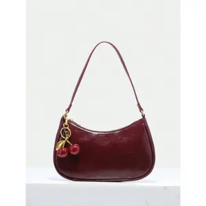 Women's Retro Underarm Shoulder Bag With Cherry Pendant, Zipper Closure, Wine Red/Black, Purses For Women, Bags For Women