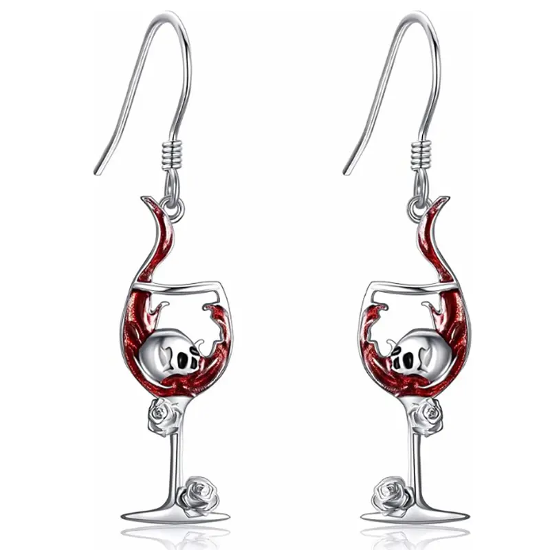 Women's Lightweight Anti-Fade Dark Gothic Red Enamel Wine Glass Skull Rose Dangle Earrings, Halloween Spooky Drop-Hook Costume Jewelry Gifts