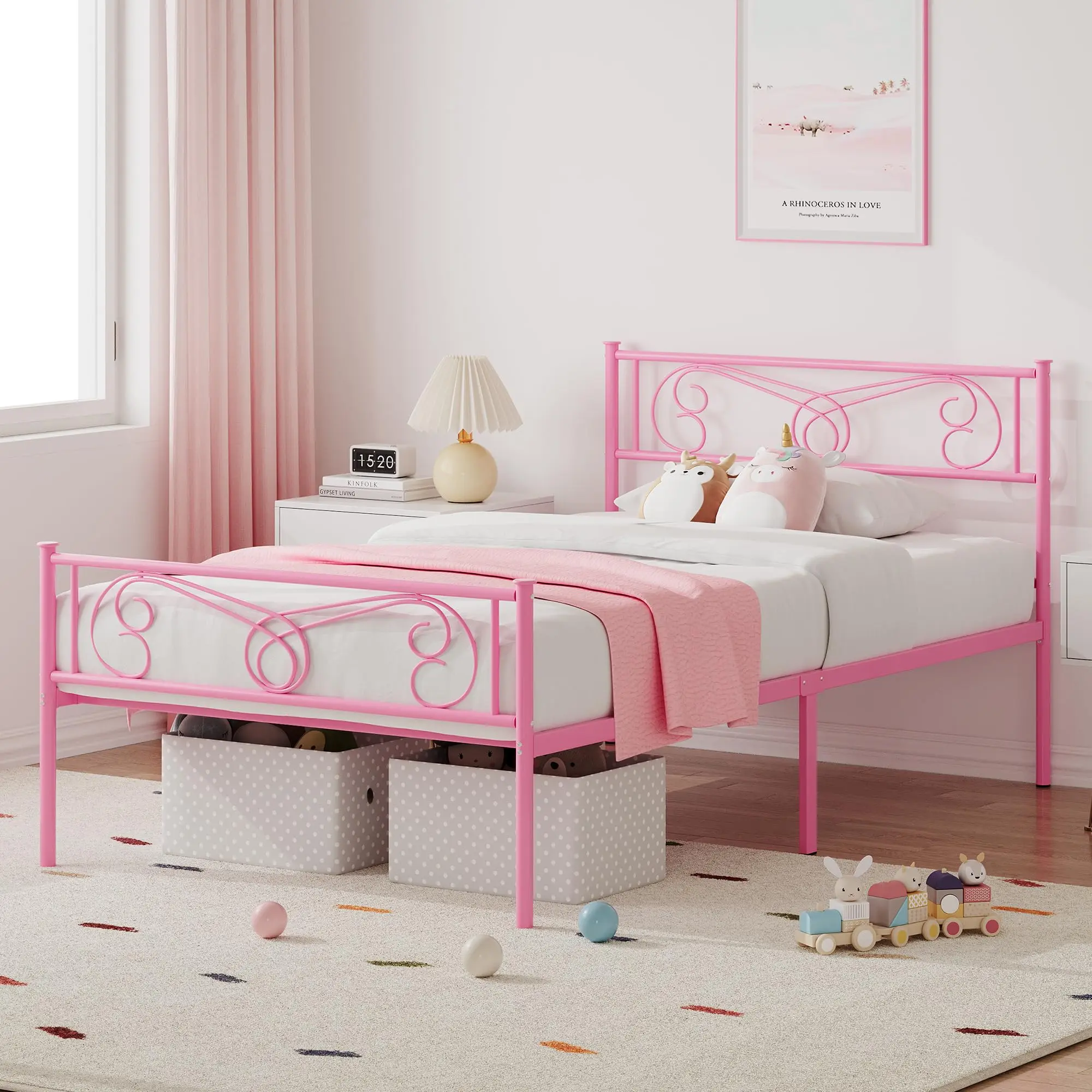 GARVEEPink Twin Bed Frame with Headboard and Footboard for Girls, Twin Size Bed Metal Platform with Steel Slat Support, Mattress Foundation with Storage, No Box Spring Needed, Easy Assembly
