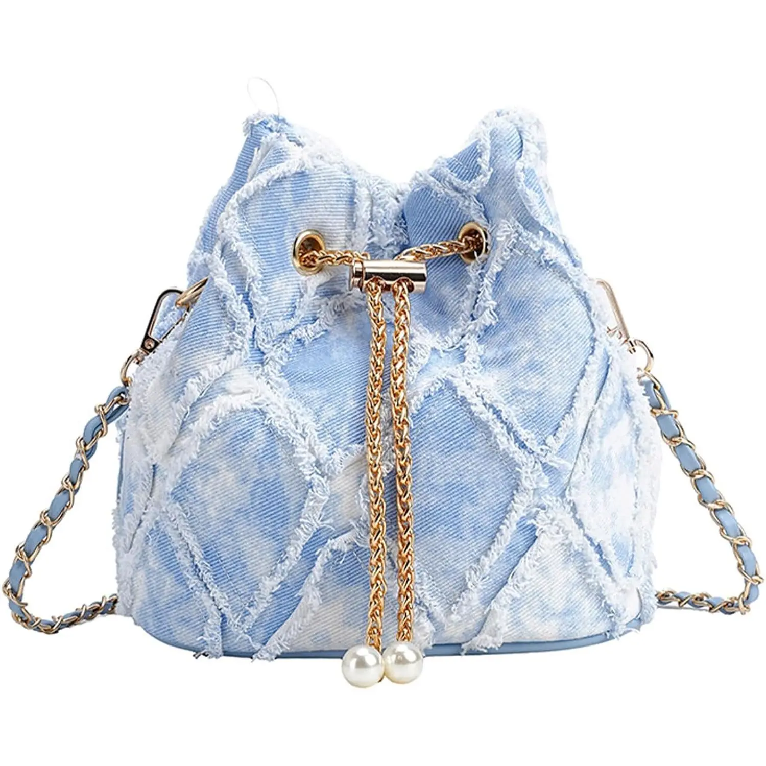 Denim Bucket Bag Quilted Drawstring Jean Purses for Women Denim Clutch Hobo Bags Crossbody Handbag
