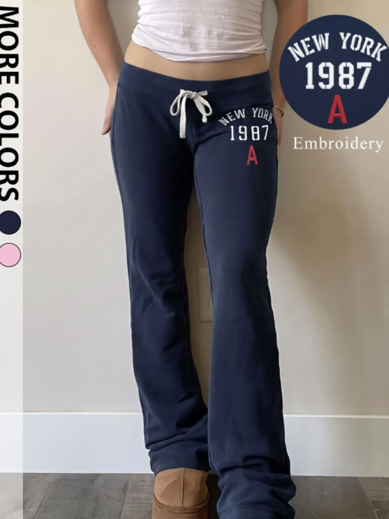 Women's New York 1987 Embroidery Low Waist Drawstring Flare Sweatpants, Y2K Casual Clothes Women, Soft Stretchy Bootcut Trousers, Fashion Bottoms for Streetwear, Shopping & Daily Outfit, 2026 Trendy Vintage Letter Flare Pants