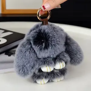 Faux Rex Rabbit Fur Bunny Keychain, Super Cute Lying Rabbit Pendant, Fluffy Fur Ornament for Car Keys, Backpack & Phone Case, Adorable Plush Bag Charm, Fashion DIY Decor & Lovely Small Gift for Girls