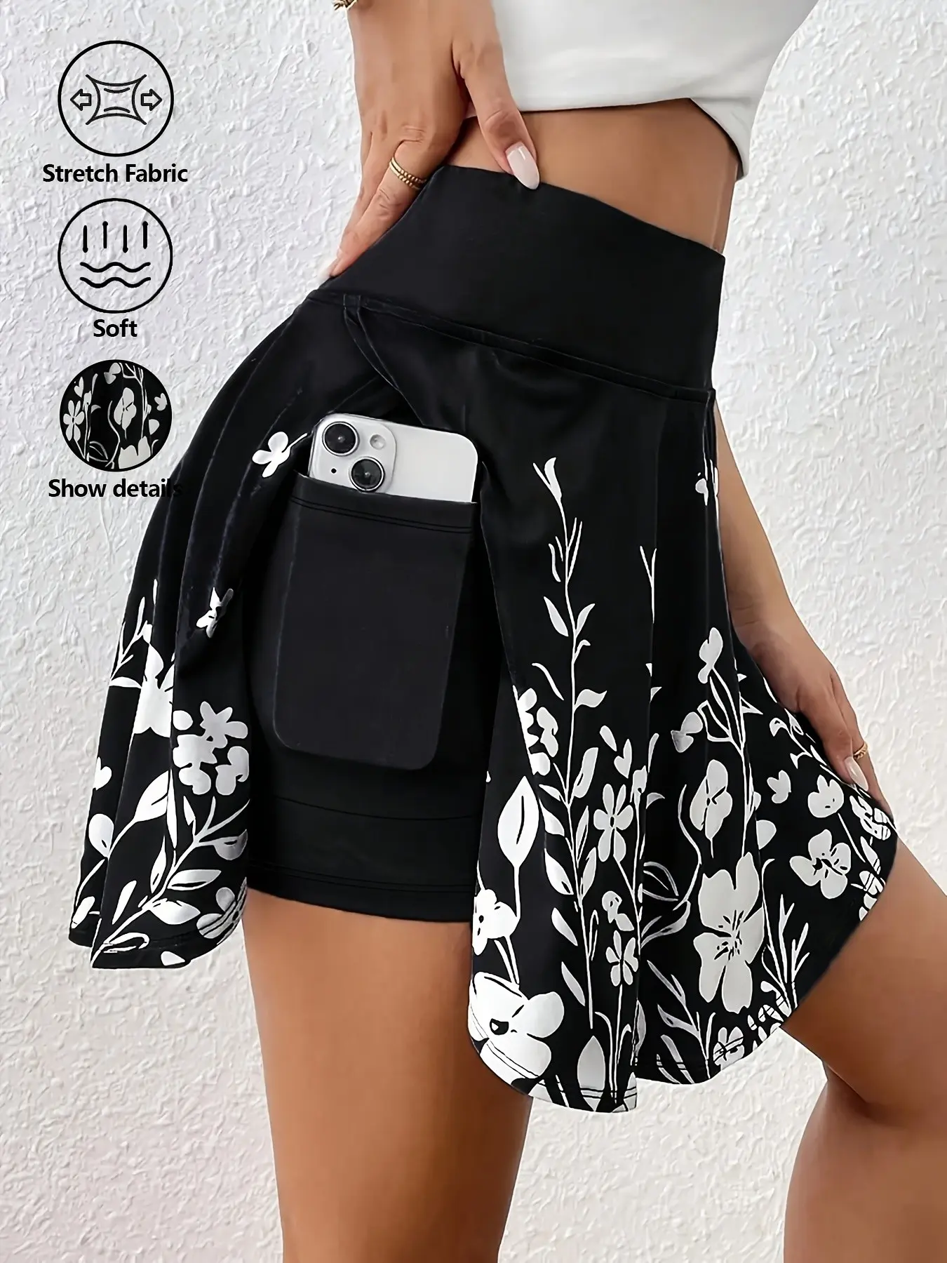 Plus Size Floral High-Waisted Skort Casual Shorts, Y2K Clothes Summer Daily Wear, Trendy Functional Bottoms, Comfortable Relaxed Fit Casual Ensembles, Stylish Botanical Print Detail Party Casual Wear, Fashion Casual Comfy Skorts