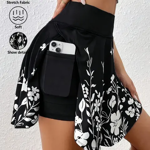 Plus Size Floral High-Waisted Skort Casual Shorts, Y2K Clothes Summer Daily Wear, Trendy Functional Bottoms, Comfortable Relaxed Fit Casual Ensembles, Stylish Botanical Print Detail Party Casual Wear, Fashion Casual Comfy Skorts