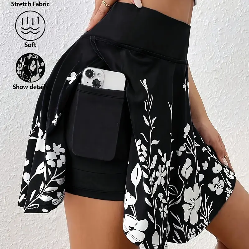 Plus Size Floral High-Waisted Skort Casual Shorts, Y2K Clothes Summer Daily Wear, Trendy Functional Bottoms, Comfortable Relaxed Fit Casual Ensembles, Stylish Botanical Print Detail Party Casual Wear, Fashion Casual Comfy Skorts