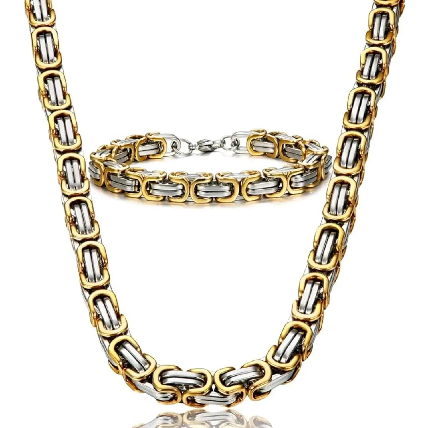 Men's Stainless Steel Byzantine Chain Necklace and Bracelet Set 8.5-inch Adjustable Jewelry Gift Box