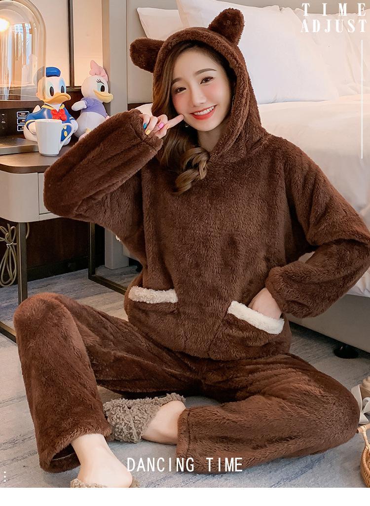 Autumn Winter Thickened Warm Women Loungewear Suit Cartoon Plush Hooded Bear Sleepwear Ladies Flannel Homewear Nightwear Set