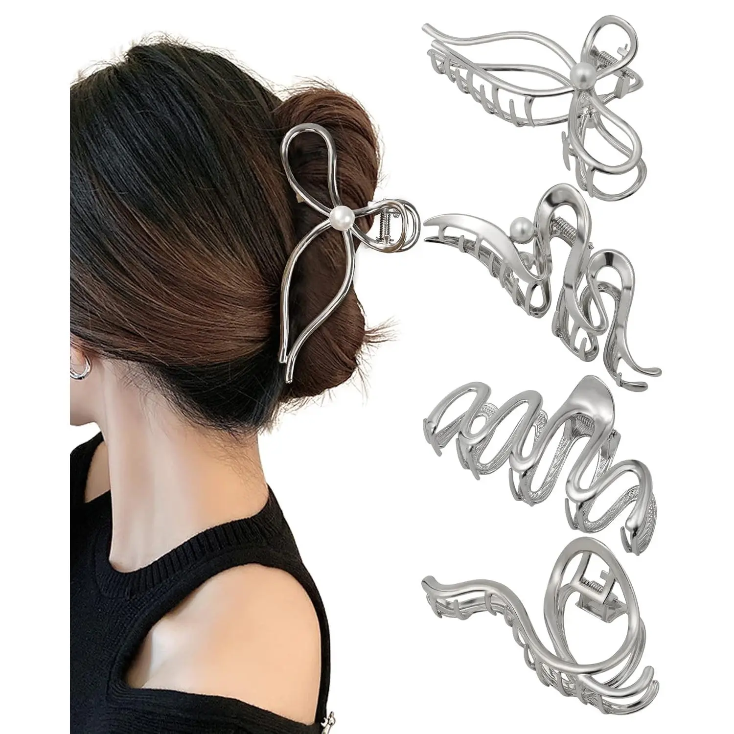 Women's 4-PC Metal Hair Claw Clips - Irregular Large Non-Slip Styling Accessories for Thick and Thin Hair (Silver), Hair Clips