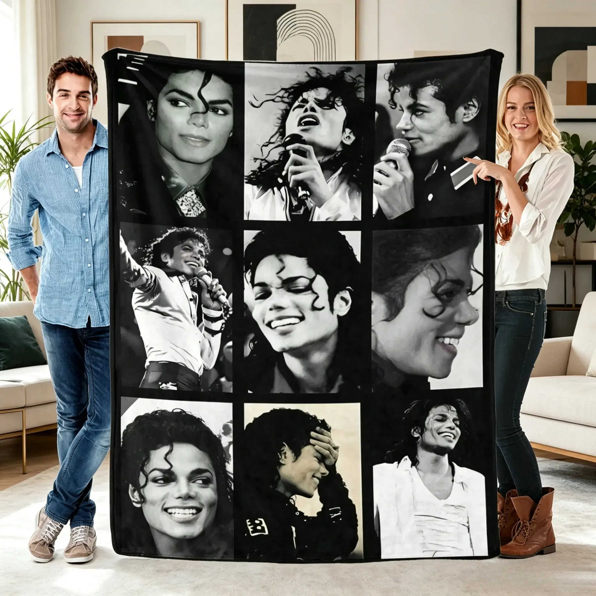 Michael Jackson Collage Portrait Gift Flannel Blanket Black Backdrop with Iconic B&W Monochrome Photos Soft and Memorable Present for MJ Fans