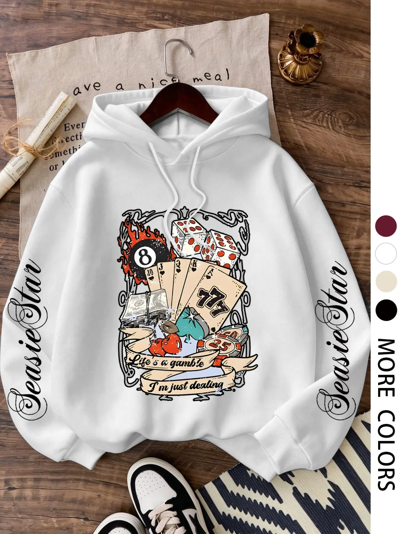 Poker & Dice Pattern Hoodie Long Sleeve with Letter Print Sleeves, Comfortable Casual Style, Easy to Pair with Any, Must-Have Closet Addition