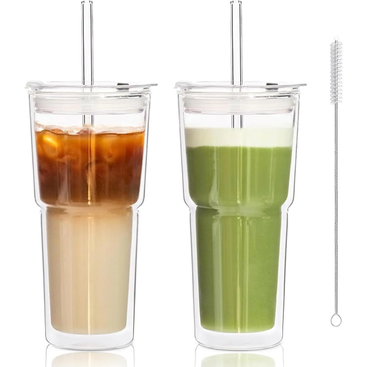 2PCS 20oz Double Wall Glass Tumblers with Lids and Straws – Insulated Borosilicate Glass Matcha Cups for Iced Matcha Latte, Smoothies, Reusable Travel Glass Cups – Leak Proof 2-in-1 Lid