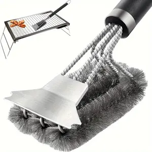 Metal Wire Grill Cleaning Brush Long Handle Heat Resistant Triple Head BBQ Scraper Brush Heavy Duty Rust Removal Cleaner Multifunctional Kitchen Outdoor Barbecue Grid Stove Carbon Stain Remover Portable BBQ Cleaning Tool for Gas Charcoal Grill