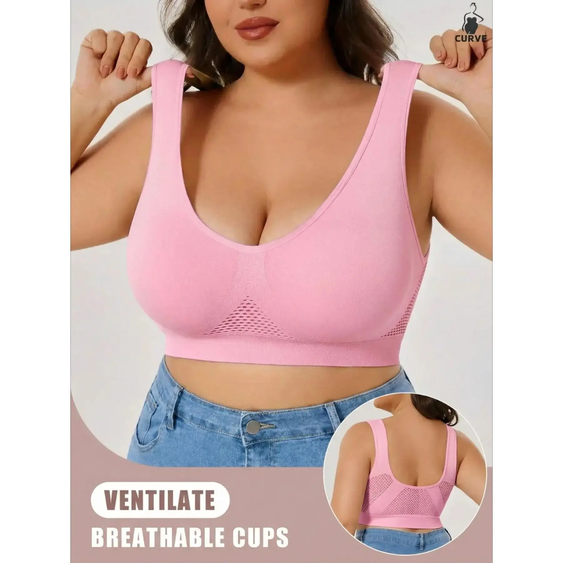 Women's Plus Size Plain Backless Knitted Bra, Padded Comfy Bras, Underwear, Casual, Aesthetic, Breathable Cut Out Design, Removable Pads, Soft Comfort, All Seasons Wear, Day, Perfect Gift